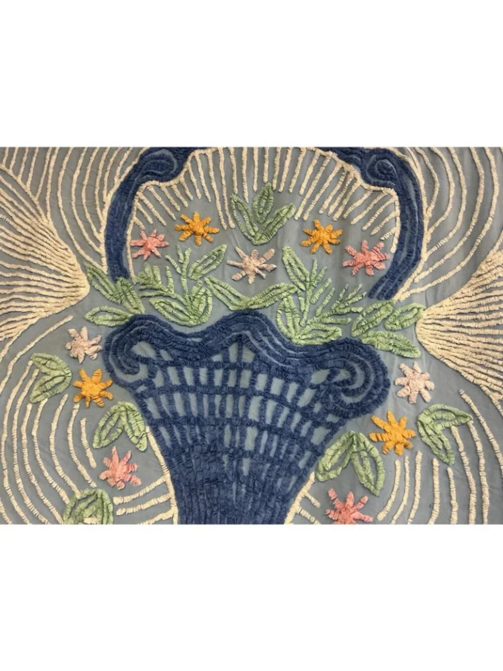 Vintage Chenille Flower Basket and Blue Ribbon Bedspread Full